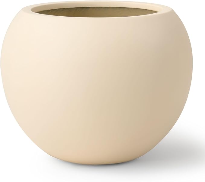 12.8" H x 16" D Premium Globo Fiberstone Round Planter with Drainage Hole, Weather Resistant for Indoor and Outdoor Use, Included 2 Extra Coco Mats (Kilim Beige, 10.7" Pot Opening)