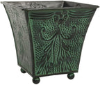 Hosley Set of 4 Green Patina Embossed Metal Planters with Ornate Floral Design, 5.25" L x 5.25" W x 5" H – Ideal for Floral Arrangements, Home Décor, Garden Accents, Rustic Weddings.