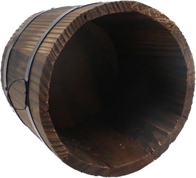 MY MIRONEY Plant Pots, Vintage Wooden Barrel Planter - Solid Rustic Garden Flower Pot with Metal Handles & Frame for Indoor Planter, Office Home Decor, Garden Home Plants, 5.91" x 4.72"