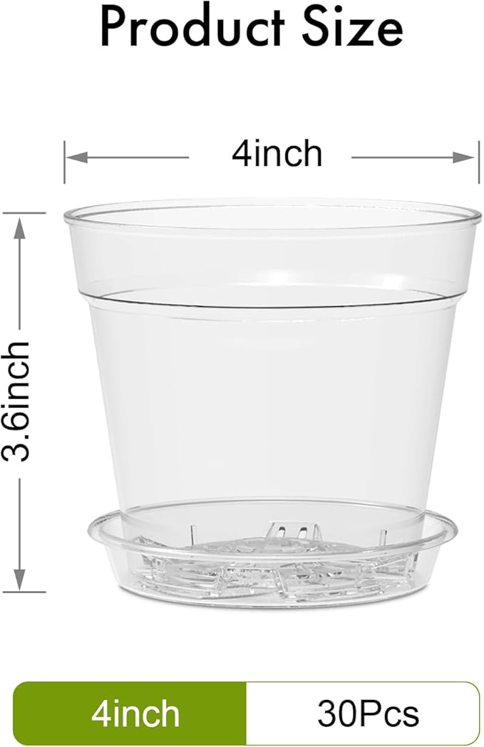 WSMKSZ 4 Inch Clear Nursery Pots, Set of 30 Transparent Plant Flower Pots for Small Indoor Plants with Drainage Holes & Trays, Plastic Seedling Starter Pots for Various Plants