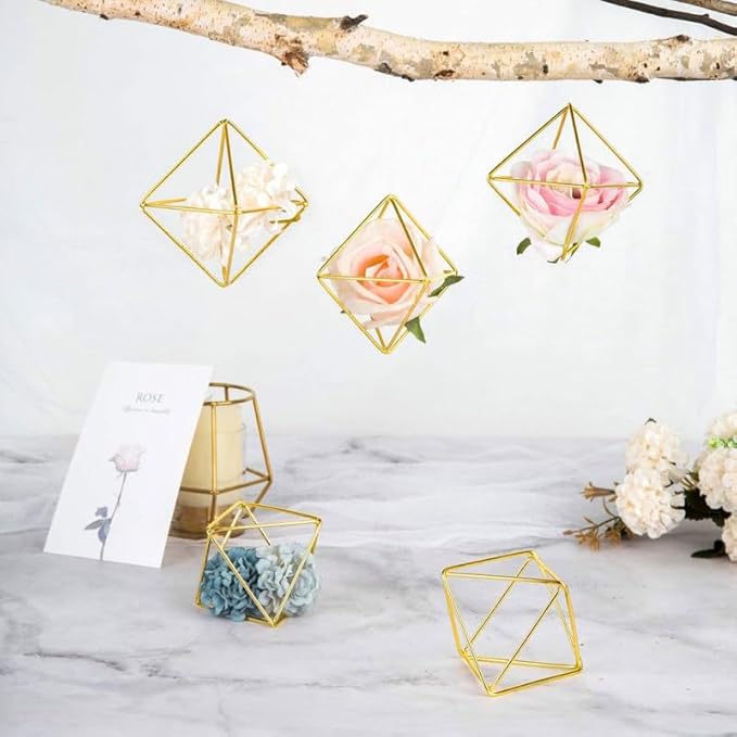 Homoyoyo 5 Pack Geometric Air Plant Holder - Gold Metal Himmeli Stand for Tillandsia, Minimalist Airplant Display Rack for Home Office Desktop, Modern Indoor Plant Decoration (2.6 x 2.6 inch)