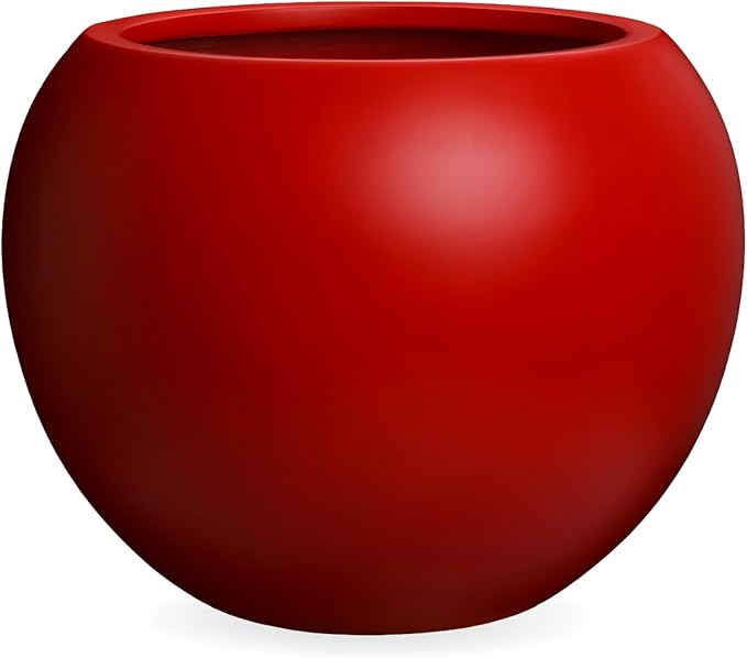 16" H x 20" D Premium Globo Fiberstone Round Planter with Drainage Hole, Smooth Finishes, Weather Resistant for Indoor and Outdoor Use, Included 2 Extra Coco Mats (Red, 13.5" Pot Opening)