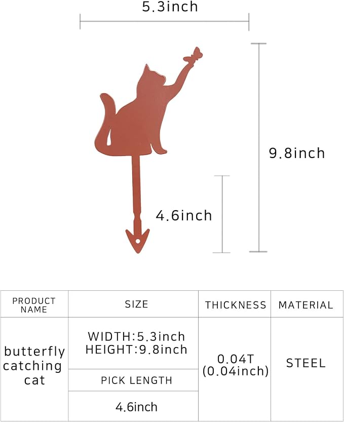 Butterfly-Catching Cat Metal Garden Stake – Powder-Coated Rust-Resistant Plant Pick for Pots & Planters, Playful Indoor/Outdoor Garden Decor