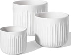 LE TAUCI Fluted Ceramic Planters, 8.3/7/6 Inch Indoor Pots for Plants with Drainage Holes & Mesh, Modern Matte Glaze Cylinder Plant Pot for Snake Plant, Set of 3, White