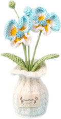 Crochet Moth Orchid Vase, Eternal Finished Hand Woven Artificial Mini Flowers Pot Decoration for Home Office Kitchen Living Room Table Bedroom Creative Women Girls Gift (Blue)