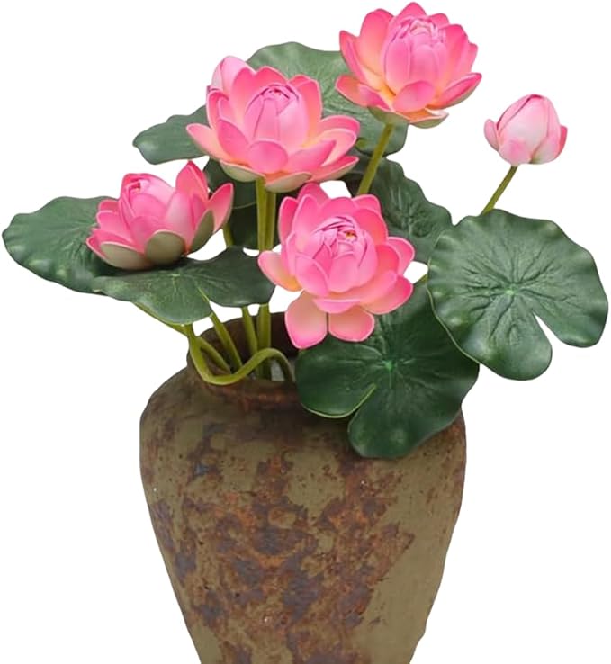 2Pcs Artificial Lotus Flower Decor, 12.5inch 7 Head Water Lilies, Outdoor Pond Plants, Silk Artificial Flower Lotus, Household Living Room and Dining Table Decoration (Pink)