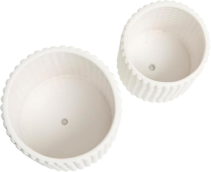 MyGift 6 Inch Ceramic Round Planter Pot, Set of 2 Vintage-Style White Ceramic Flower Pots, Indoor Hobnail Textured Cylindrical Succulent Plant Containers