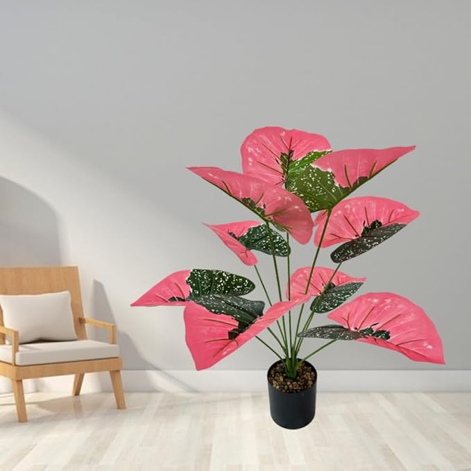 Artificial Caladium Plant with Red and Green Leaves, Red Leaf Artificial Plants Decoration Simulated Bonsai Potted Decor Home Room Party Wedding Office Floor(Rosered(No Flowerpot), 60cm)