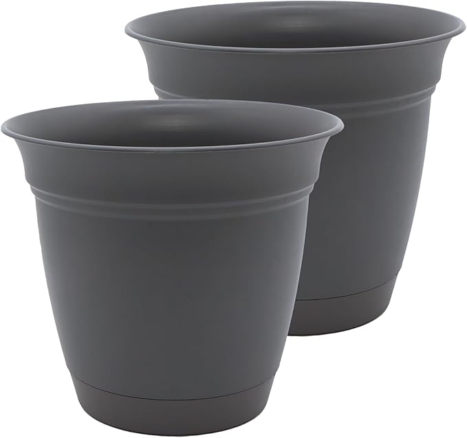 The HC Companies 20 Inch Eclipse Round Planter Pots with Drainage Holes & Attached Saucer, Lightweight UV-Resistant Plastic Indoor & Outdoor Planters, 2-Pack Flower Pots, Garden Home Decor, Warm Gray