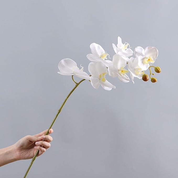 Realistic Faux Phalaenopsis Orchid Stem Fake Orchid Flowers Lifelike Plastic Artificial Flower for Home Decoration Living Room Table Ornament White