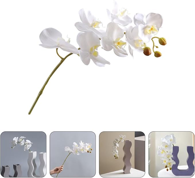 balacoo Realistic Faux Phalaenopsis Flower Stem Artificial Orchid Head White Plastic Decorative Plant for Home Living Room Dining Table Display