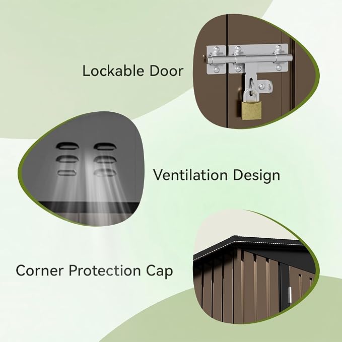 COMHOMA Shed Outdoor Storage Shed Metal,Lockable Doors Tool Sheds with Sloping Roof,Steel Garden Shed with Air Vent for Backyard,Patio,Lawn,Poolside(Brown,8'x6')