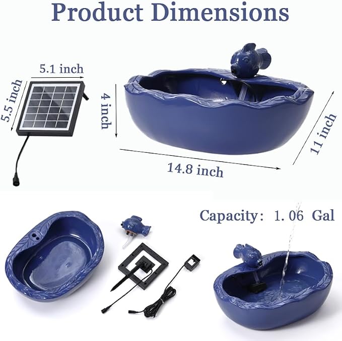 Solar Water Fountain, 11 inch Ceramic Koi Fountain, Blue Glazed Finish, Outdoor Solar Garden Fountain, Solar Powered Fountain for Garden, Tabletop, Balcony, Patio, Deck