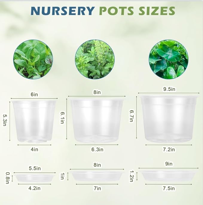 6/8/10 Inch Large Size Clear Nursery Pots with Drainage and Saucers, 9 Pack Plastic Plant Pots for Seedling Starter, Durable Plastic Pots for Indoors