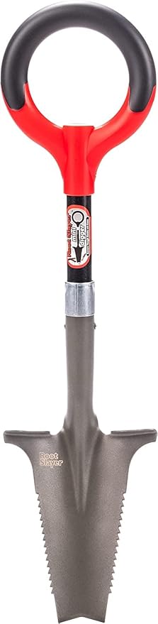 Root Slayer 22411 Mini Digger Garden Shovel with Serrated Blade for Digging and Root Cutting, Steel Spade, Red