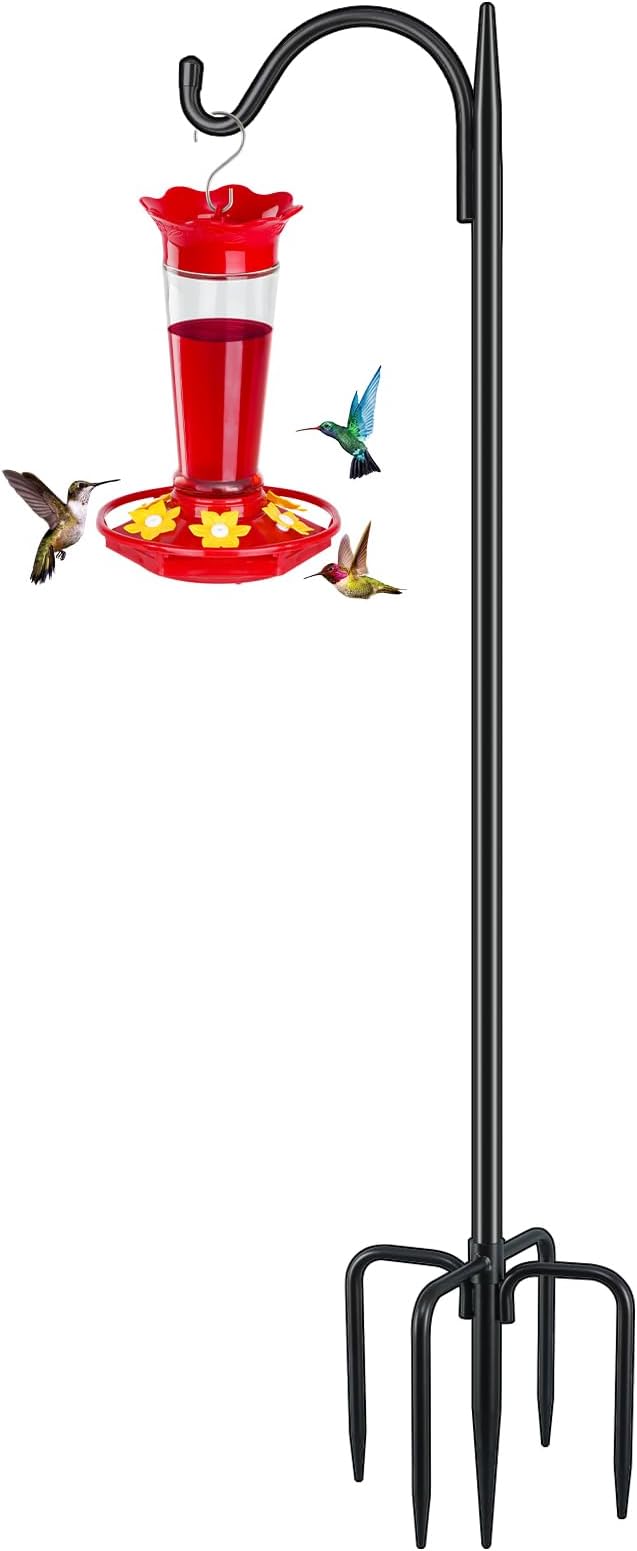 FEED GARDEN Adjustable Outdoor Shepherd Hook Bird Feeder Pole with 5 Prongs Base, 60 Inch Tall 5/8 Inch Thick, Heavy Duty Shepard Hook Stand for Hanging Bird Feeders, Plant Baskets, Black (1 Pack)