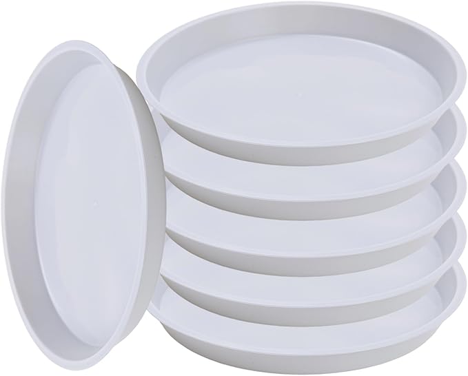 6pcs White Plastic Plant Saucers (8 inch) - Heavy Duty Indoor Plant Trays for Pots with Water Drainage, Drip Catcher & Decor (Set of 6 Round Saucers)