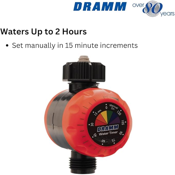 Dramm ColorStorm Premium Water Hose Timer, Mechanical, Turns Water Off Automatically, Up to 120 Minutes of Run Time, Compact for Lawn, Drip, Soaker Hose and Garden, Green