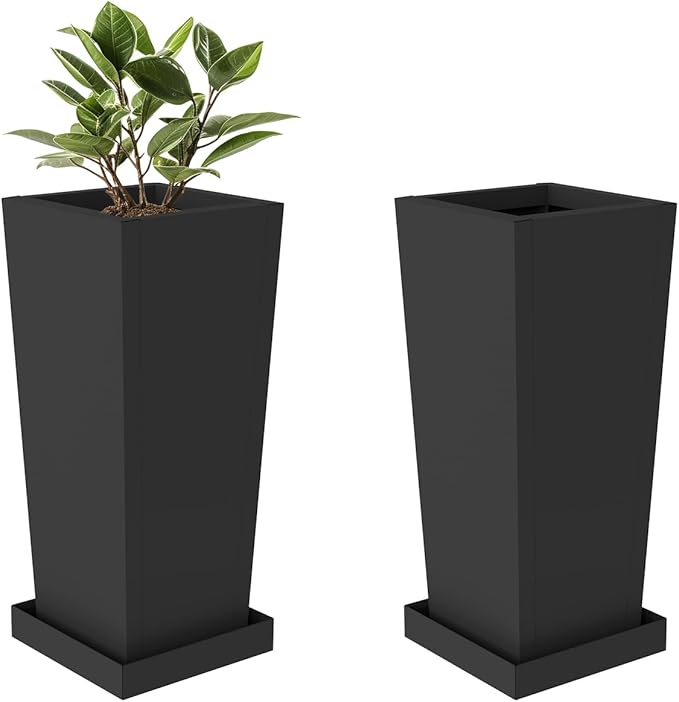 Metal Tall Planters 18 inch Set of 2, Durable Taper Planter with Drainage Holes & Rust-Proof Coating & Trays for Outdoor Indoor Garden Patio Front Door (Black)