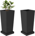 Metal Tall Planters 18 inch Set of 2, Durable Taper Planter with Drainage Holes & Rust-Proof Coating & Trays for Outdoor Indoor Garden Patio Front Door (Black)