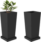 Metal Tall Planters 18 inch Set of 2, Durable Taper Planter with Drainage Holes & Rust-Proof Coating & Trays for Outdoor Indoor Garden Patio Front Door (Black)