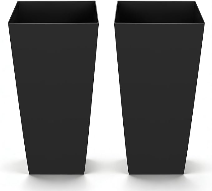 VEVOR 26 Inch Tall Planter Set of 2, Outdoor Large Tall Planters for Outdoor Indoor Plants, Tapered Black Planter for Front Porch, Patio, Garden, Plant Container Flower Pots with Built-in Drainage