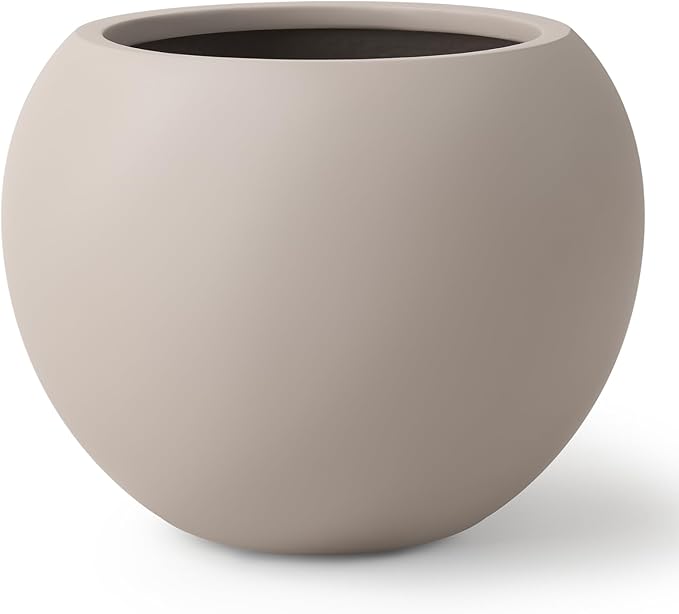 9.7" H x 12" D Premium Globo Fiberstone Round Planter with Drainage Hole, Smooth Finishes, Weather Resistant for Indoor and Outdoor Use, Included 2 Extra Coco Mats (Taupe, 7.8" Pot Opening)