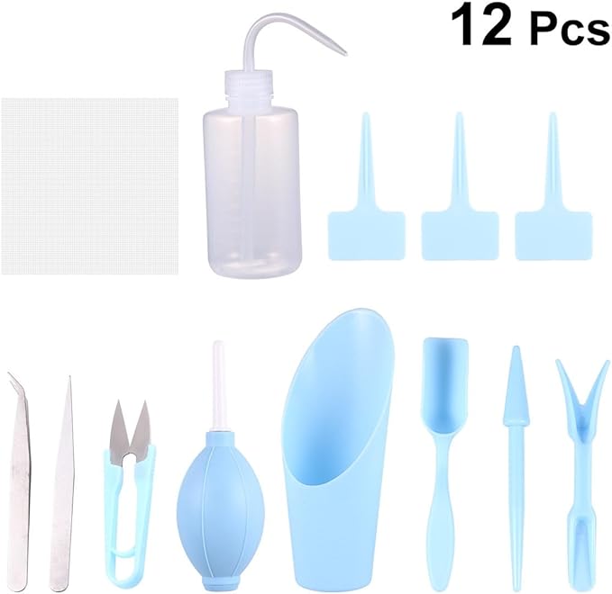 12Pcs Succulent Plant Growing Tools Set with Mini Plastic Hand Tools for Indoor Gardening and Potted Plants, Blue Gardening Accessories Kit for Home and Store Use