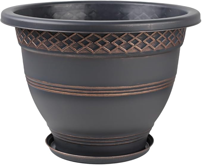 Usocik 10 Inch 4 Pack Plant Pots, Plastic Flower Pot for Indoor & Outdoor with Drainage Holes & Saucer, Plaid Pattern Planters Garden Pots for Herbs