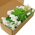 Mandy's White Artificial Tulips Flowers Centerpiece, 13.5" Lifelike PU Fake Floral Stems 60pcs for Kitchen Island & Dining Table, Spring Decor for Easter
