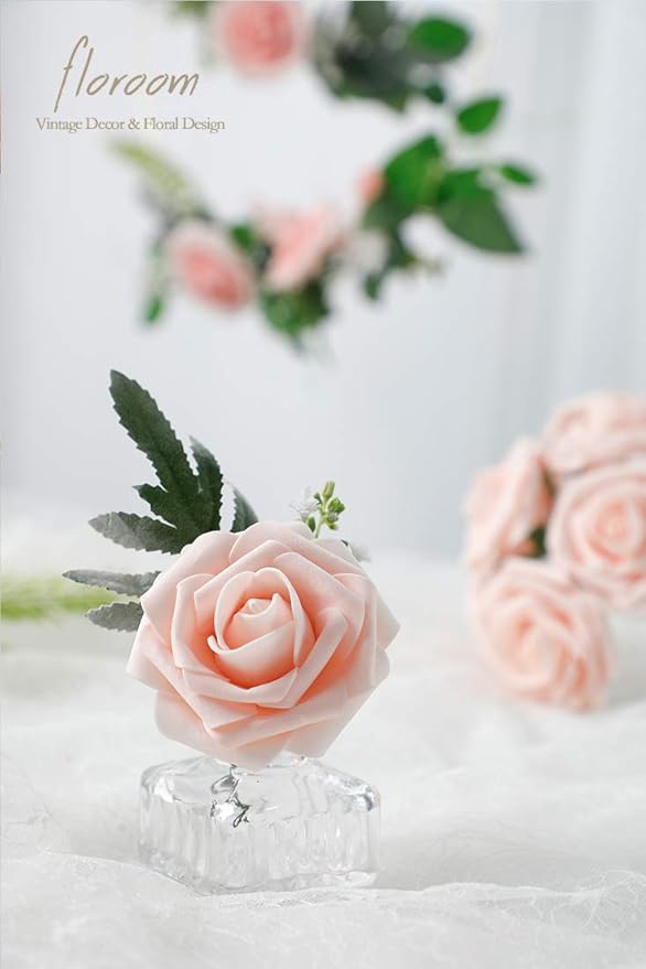 Floroom Artificial Flowers 50pcs Real Looking Blush Foam Fake Roses with Stems for DIY Wedding Bouquets Pink Bridal Shower Centerpieces Floral Arrangements Party Tables Home Decorations