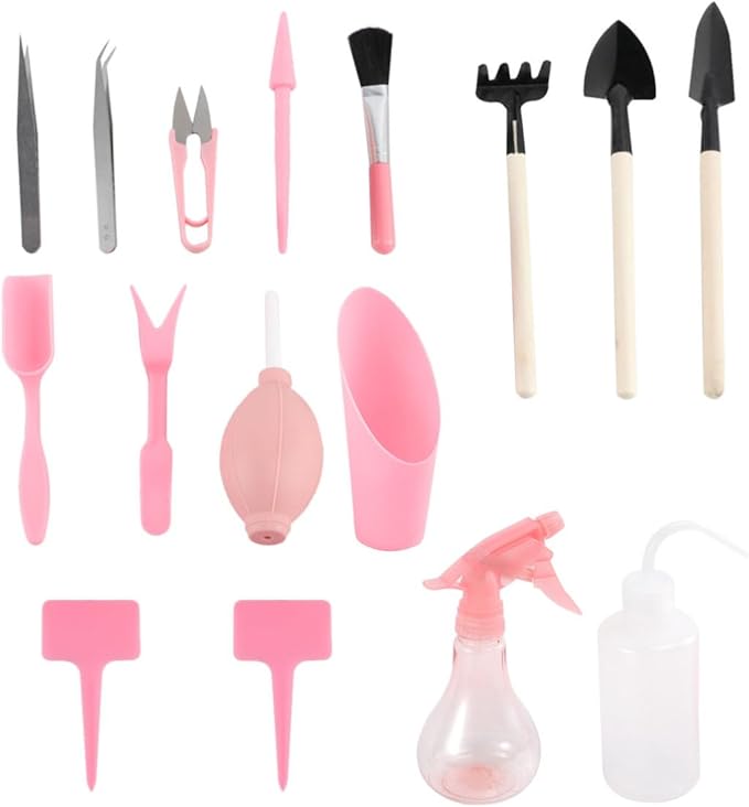 HEMOTON 16-Piece Succulent Gardening Tool Set Portable Planting Tools Kit Trowel Pruners Spray Bottle for Home and Professional Use for Small Plants and Indoor Gardening