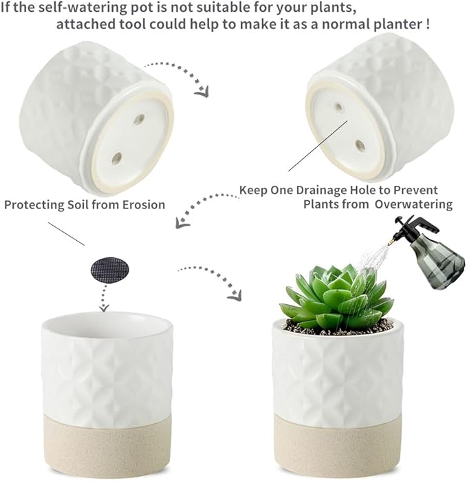 Nihow Self Watering Plant Pot for Indoor Plants: 4.5+6 Inch Ceramic Planter with Drainage Hole & Water Storage Plus - Cylinder Flower Pot with Wick for Herbs - Matte White & Brown Star