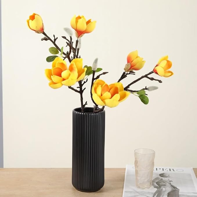Artificial Orchid Flower Arrangement for Home Decoration - 3 Heads Magnolia Artificial Flowers for Living Room and Dining Table (Color : Red)