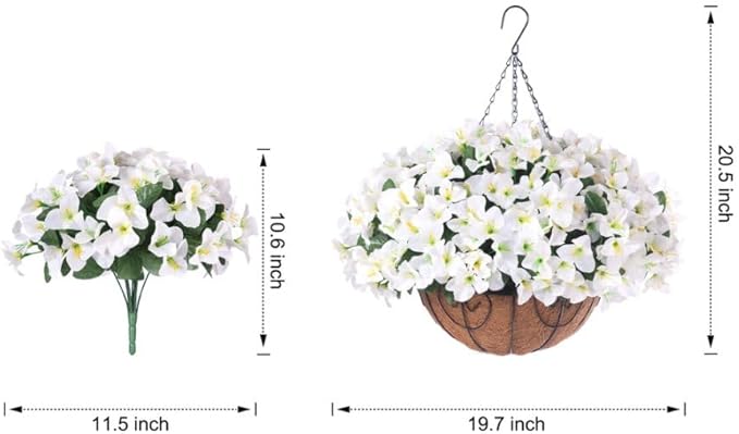 Artificial Hanging Flowers Faux Plants Basket for Outdoors Spring Summer Decor, Fake Silk Bougainvillea in Planter Outdoor Look Real UV Resistant Faux Flower for Outside Porch Patio Garden Home, White