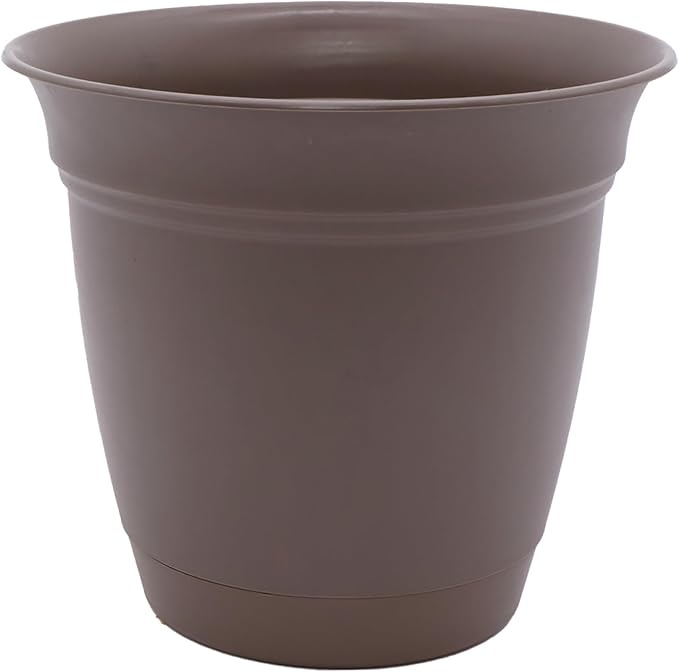 The HC Companies Eclipse Round Planter with Saucer - Outdoor & Indoor Plant Pot with Drainage Holes - Lightweight, UV-Resistant Plastic Pots for Plants, Flowers & Herbs (8" Cappuccino, Pack of 1)