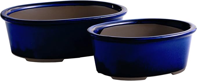 Wazakura Banko Series 2 PCS Blue Bonsai Pot Set with Drainage Holes, Made in Japan Ceramic Garden Planter Pack, Handmade Glazed Houseplant Bowl