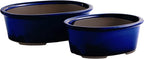 Wazakura Banko Series 2 PCS Blue Bonsai Pot Set with Drainage Holes, Made in Japan Ceramic Garden Planter Pack, Handmade Glazed Houseplant Bowl