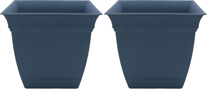 The HC Companies 8 Inch Eclipse Square Planter with Saucer - Indoor Outdoor Plant Pot for Flowers, Vegetables, and Herbs, Slate Blue (Pack of 2)