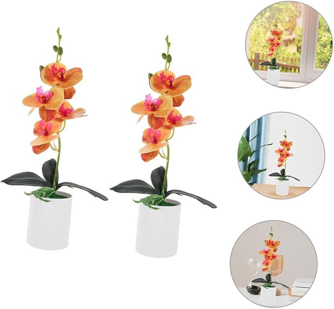 Happyyami 2pcs Artificial Moth Orchids Faux Potted Plant for Home and Office Decoration Realistic Bonsai Ornament for Living Room Garden and Desk Display Orange