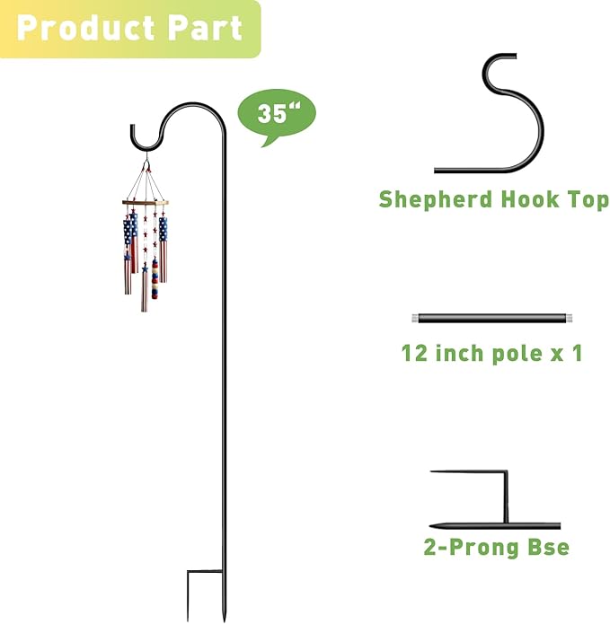 Shepherds Hooks for Outdoor 35Inch Garden Bird Feeder Pole with 2 Prongs Base for Hanging Flower Basket Plant Pot Solar Lantern Light Wind Chime Hanger for Wedding Decor 8 Pack