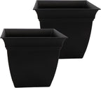 The HC Companies 12 Inch Eclipse Square Planter Pots with Drainage Holes & Attached Saucer, Lightweight UV-Resistant Plastic Indoor Outdoor Planters, 2-Pack Flower Pots for Garden & Home Decor, Black