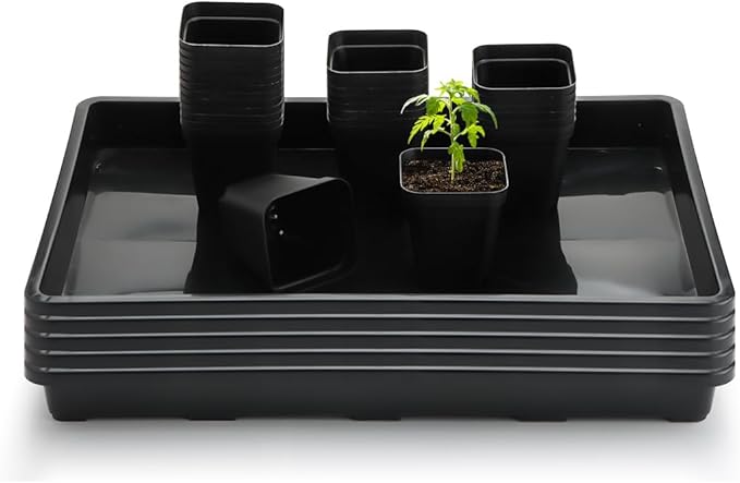 RooTrimmer 2.8 inch (7CM) Square Nursery Pots 120pcs with 5 Pack Seed Starter Trays, Durable Plastic Flat Seedling Tray (17"x11"x2") for Carrying and Holding Plant Nursery Pot (Black)