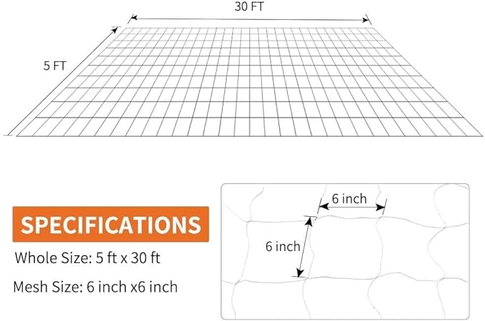 Tcamp Trellis Netting for Climbing Plants, Cucumber Trellis for Garden (5Ft x30Ft, 6" Square Mesh Ployester, 2 Pack)