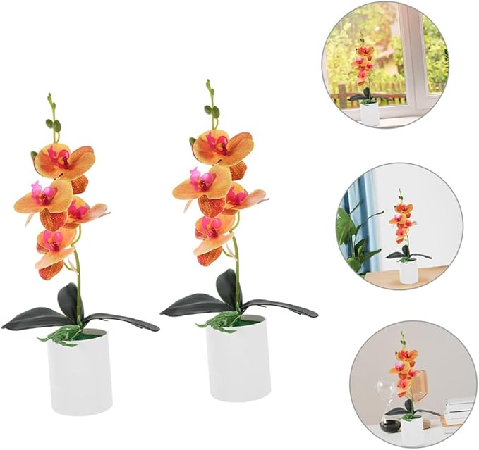 GLEAVI 2pcs Artificial Bonsai Faux Moth Orchids Potted Plant Realistic Desktop Decoration for Home and Office Orange Orchid Arrangement for Living Room and Study Decor