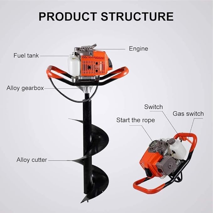 85cc Post Hole Digger 2-Stroke Petrol Gas Powered Earth Digger with 3 Auger Drill Bits (4" 6" & 8") + 2 Extension Rods （12" & 20"） for Farm Garden Plant