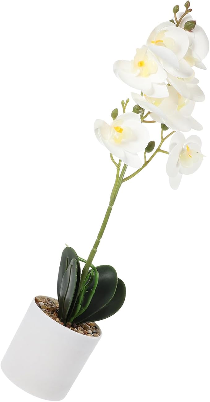 Luxshiny Artificial Phalaenopsis Bonsai Orchid Plant, Lifelike Faux Potted Flowers with 8 White Blooms, Realistic Indoor Home Décor Table Centerpiece for Living Room and Office
