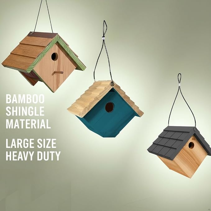 Large Cedar Bluebird House for Outside - Bamboo Shingles Roof Birdhouse for Bluebirds - Weather Proof Metal Protected - 13/16” Thickness Heavy Duty - Detachable and Easy Cleaning (1.5" Hole)
