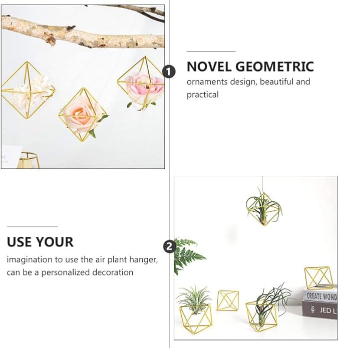 Homoyoyo 5 Pack Geometric Air Plant Holder - Gold Metal Himmeli Stand for Tillandsia, Minimalist Airplant Display Rack for Home Office Desktop, Modern Indoor Plant Decoration (2.6 x 2.6 inch)