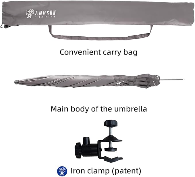 AMMSUN XL Chair Umbrella with Universal Clamp Adjustable 47 inches and 360-degree Swivel UPF 50+, Portable Clamp on Camping or Beach Chair, Stroller, Wheelchair, Golf cart, Grey, 2 PACK